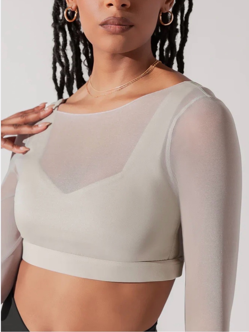 POPFLEX Coquette Long Sleeve Mesh Bra in Light Beige